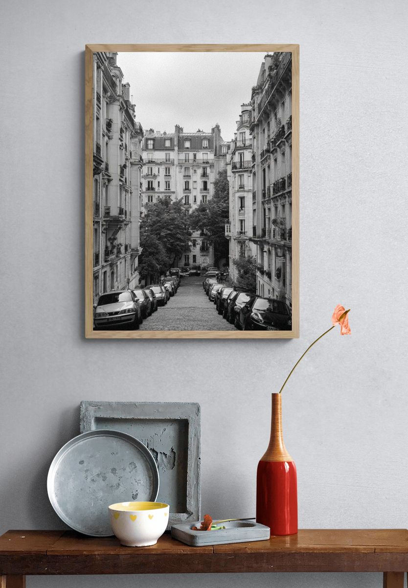 Paris Street in Black White Poster. — room view 3