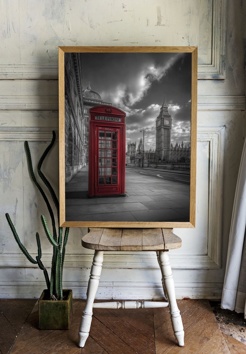 Red Telephone Box — Black and White Print. — room view 1