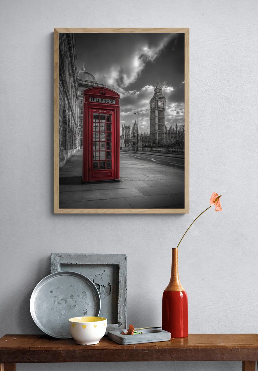 Red Telephone Box — Black and White Print. — room view 3