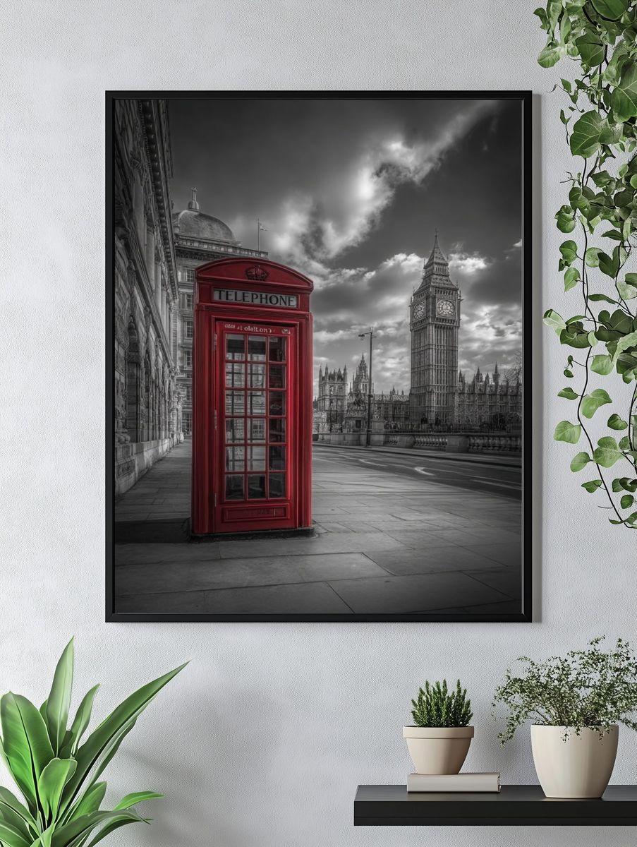Red Telephone Box — Black and White Print. — room view 4