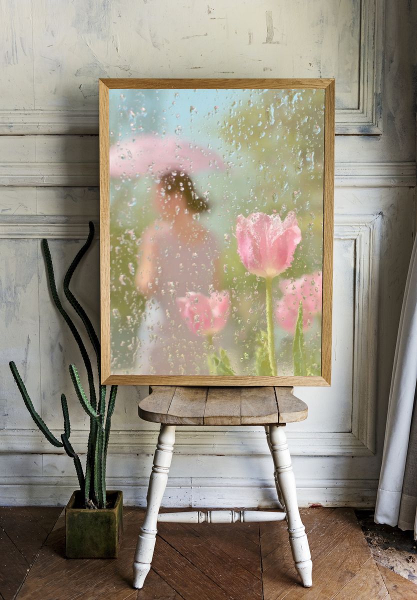 Pink Tulips Behind Rainy Glass Poster. — room view 1