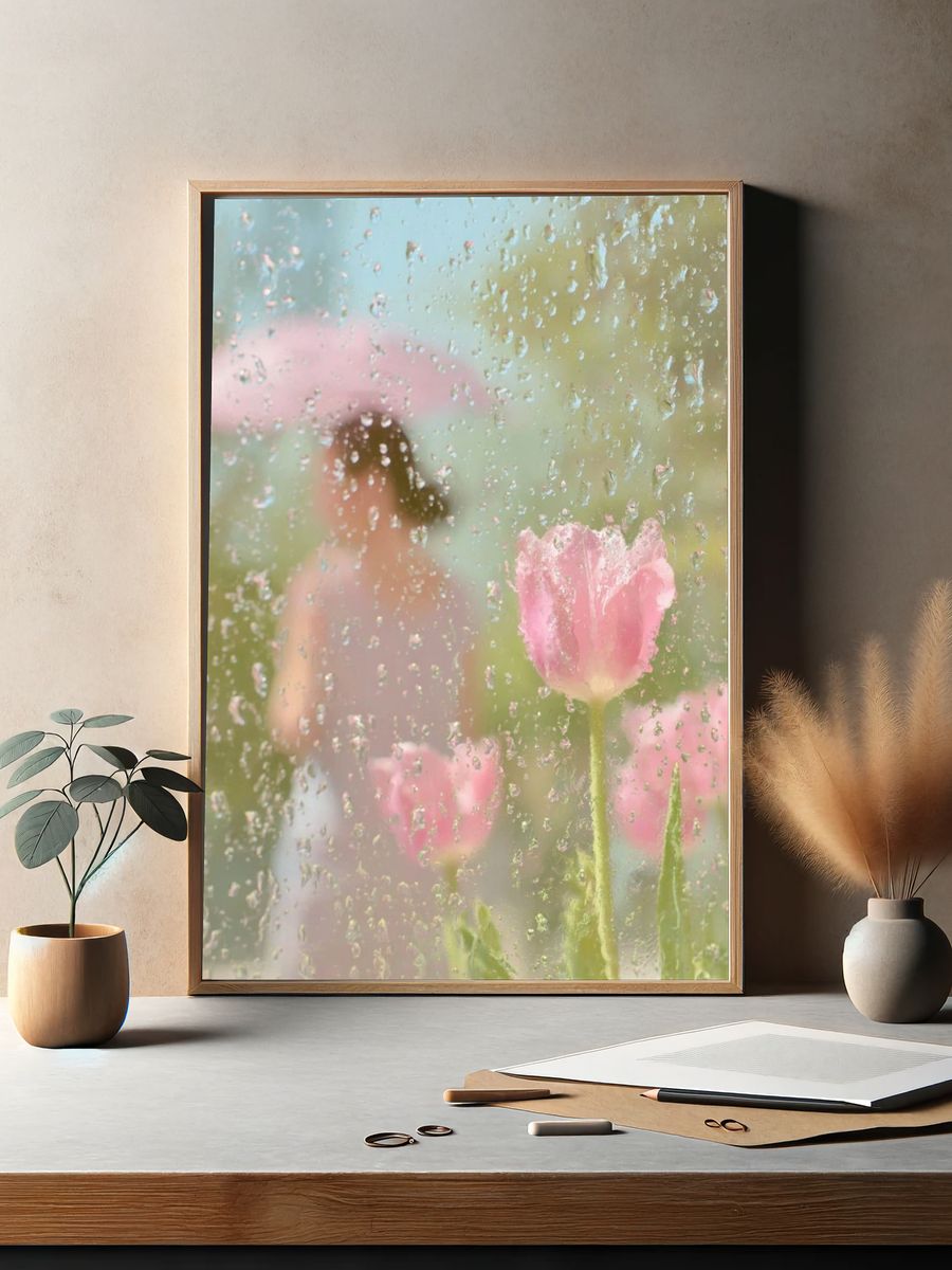 Pink Tulips Behind Rainy Glass Poster. — room view 2
