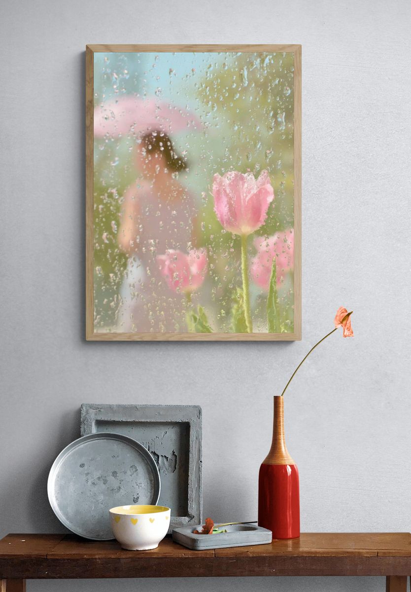 Pink Tulips Behind Rainy Glass Poster. — room view 3