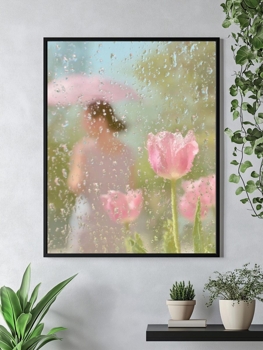Pink Tulips Behind Rainy Glass Poster. — room view 4