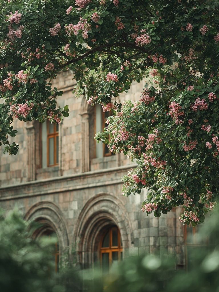 Blooming Tree by Historic Building — Photography Print. poster detail