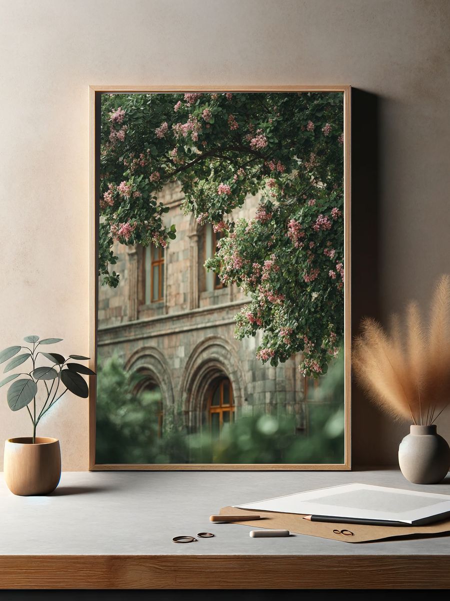 Blooming Tree by Historic Building — Photography Print. — room view 2