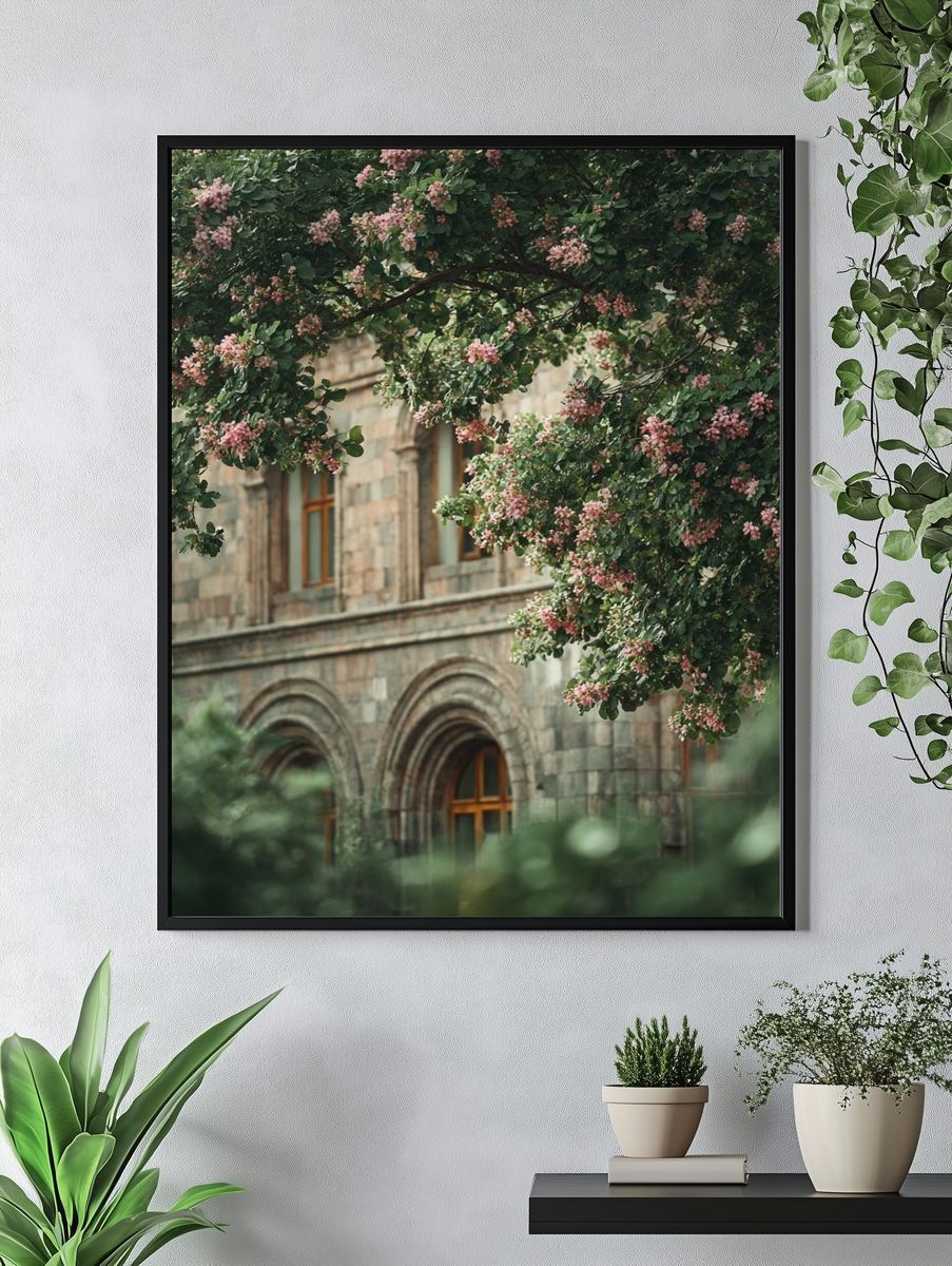 Blooming Tree by Historic Building — Photography Print. — room view 4