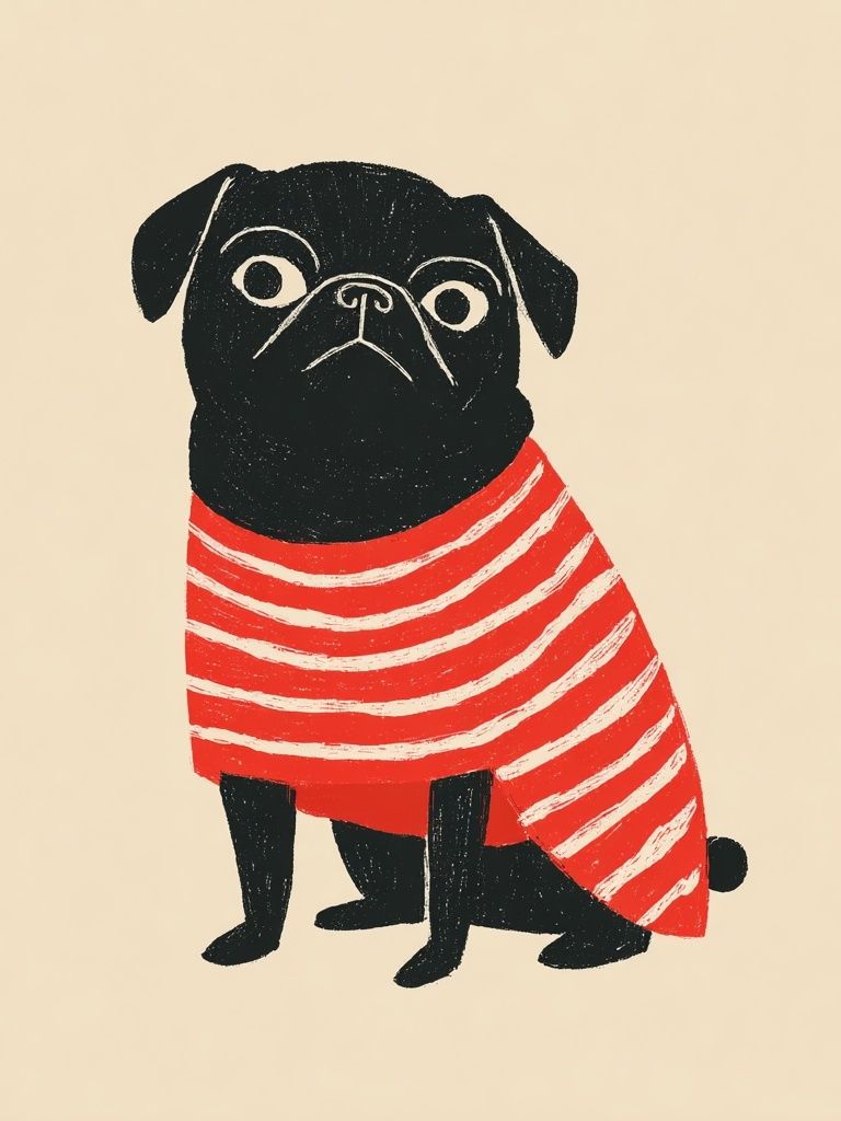 Pug in Striped Sweater — Illustration Print. poster — animals art