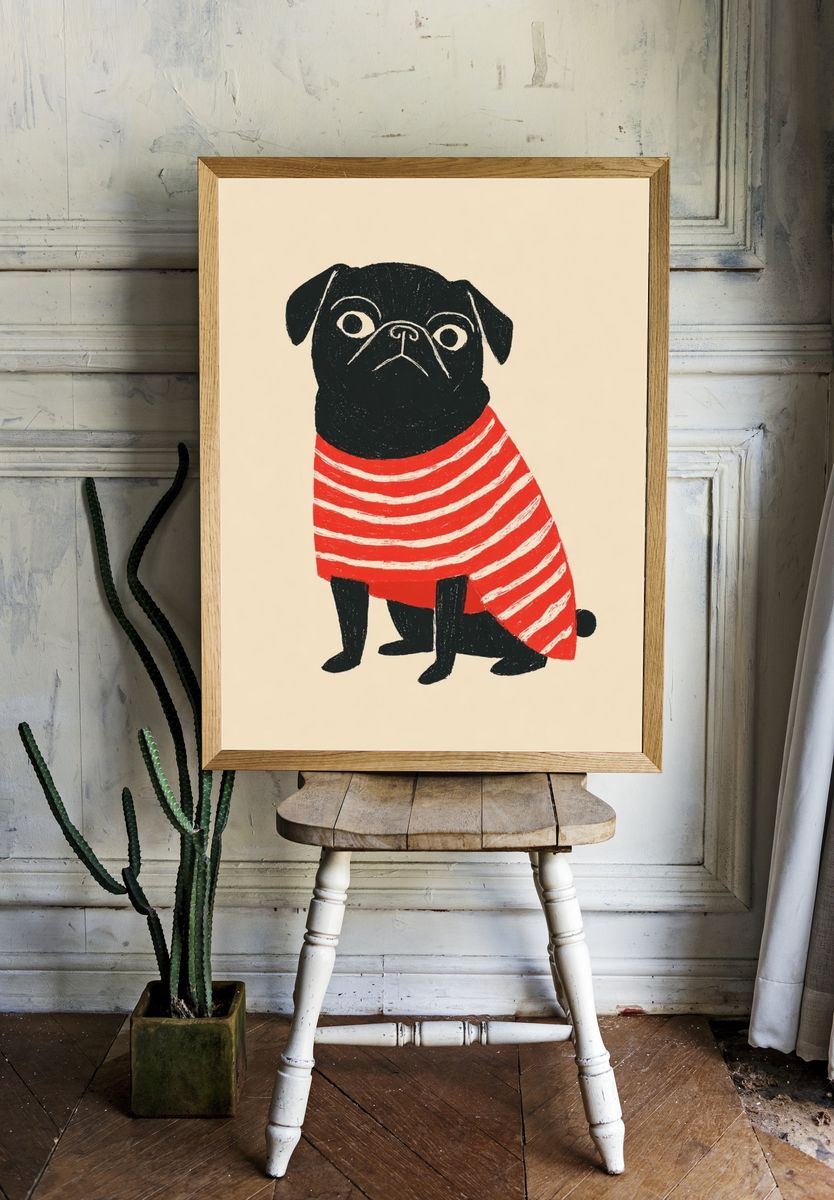 Pug in Striped Sweater — Illustration Print. — room view 1