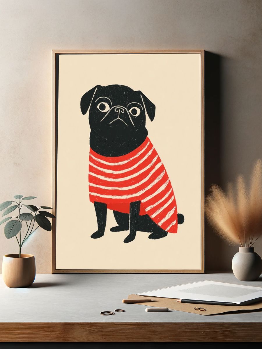 Pug in Striped Sweater — Illustration Print. — room view 2