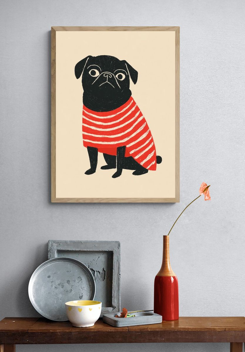 Pug in Striped Sweater — Illustration Print. — room view 3