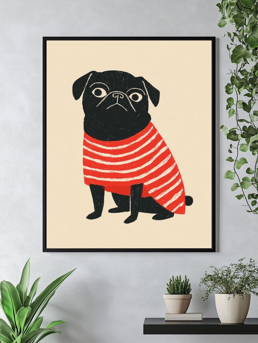 Pug in Striped Sweater — Illustration Print. — room view 4
