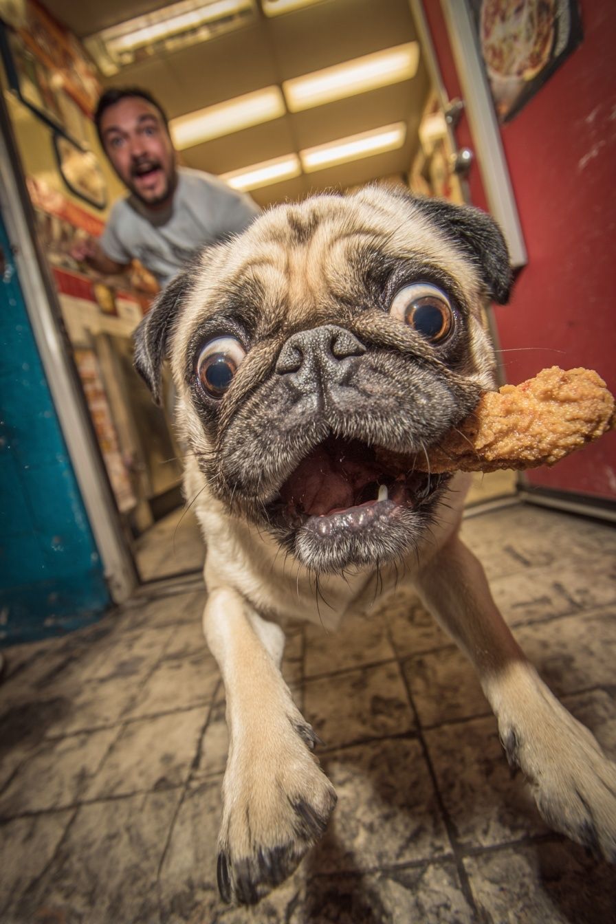 Excited Pug with Chicken — Funny Print. poster detail