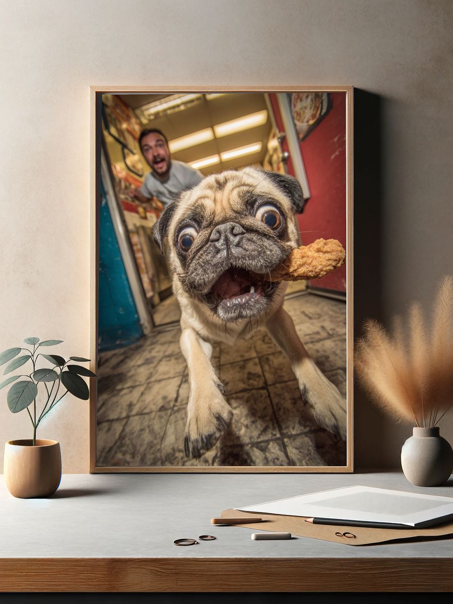 Excited Pug with Chicken — Funny Print. — room view 2