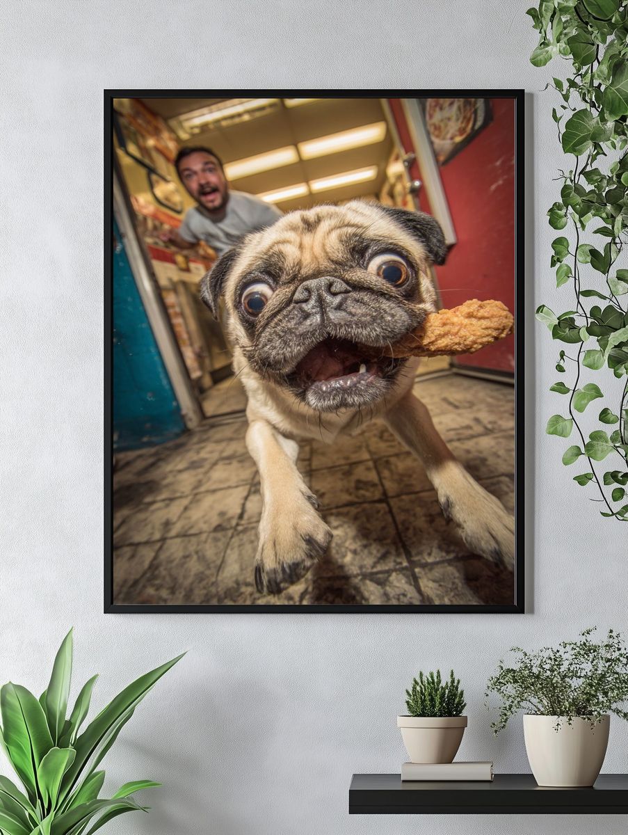 Excited Pug with Chicken — Funny Print. — room view 4
