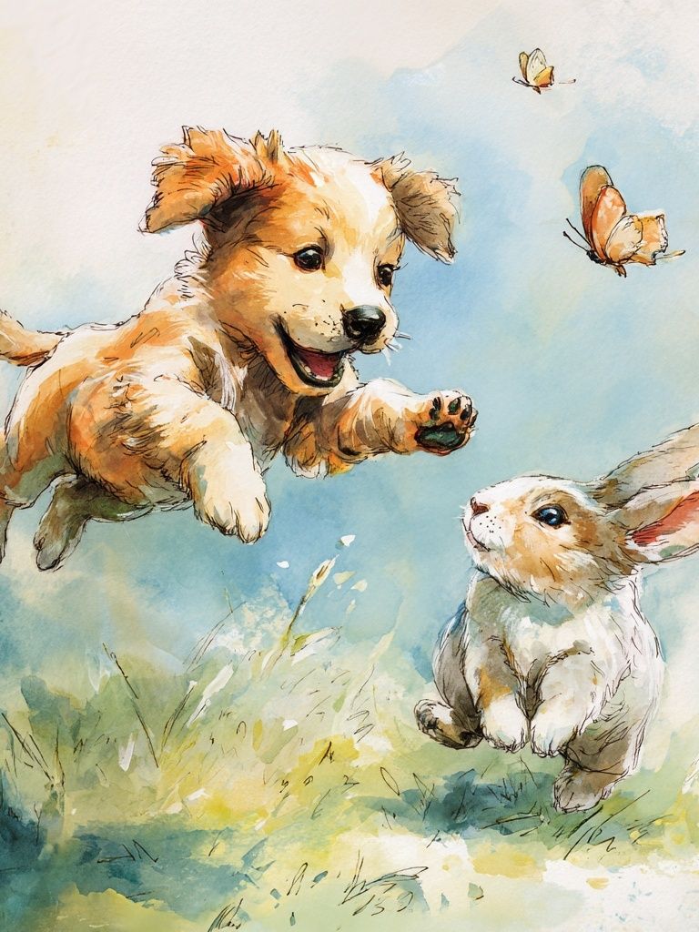 Playful Puppy and Bunny — Illustration Print. poster detail