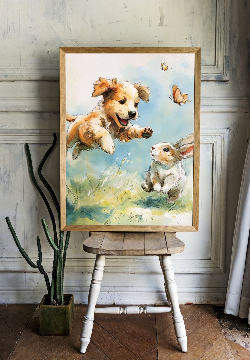 Playful Puppy and Bunny — Illustration Print. — room view 1
