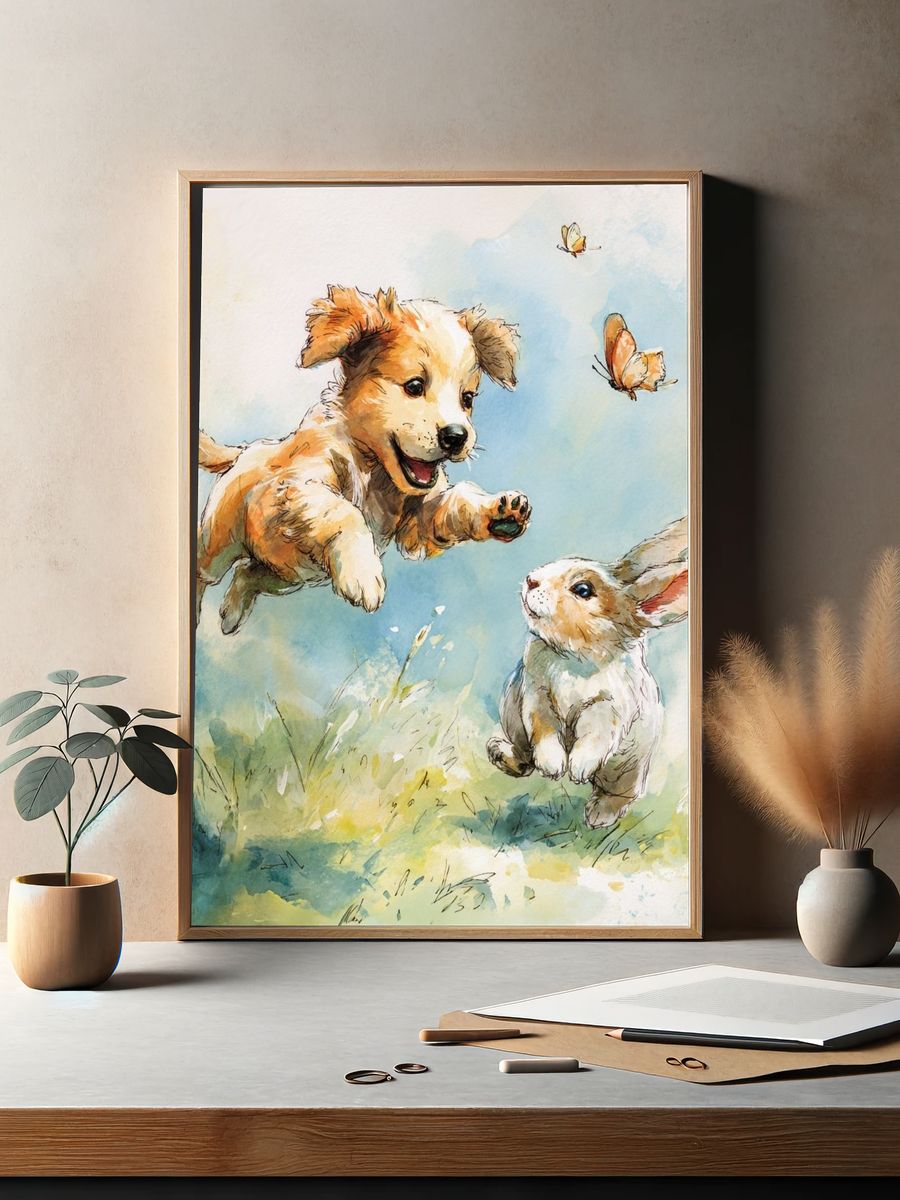 Playful Puppy and Bunny — Illustration Print. — room view 2