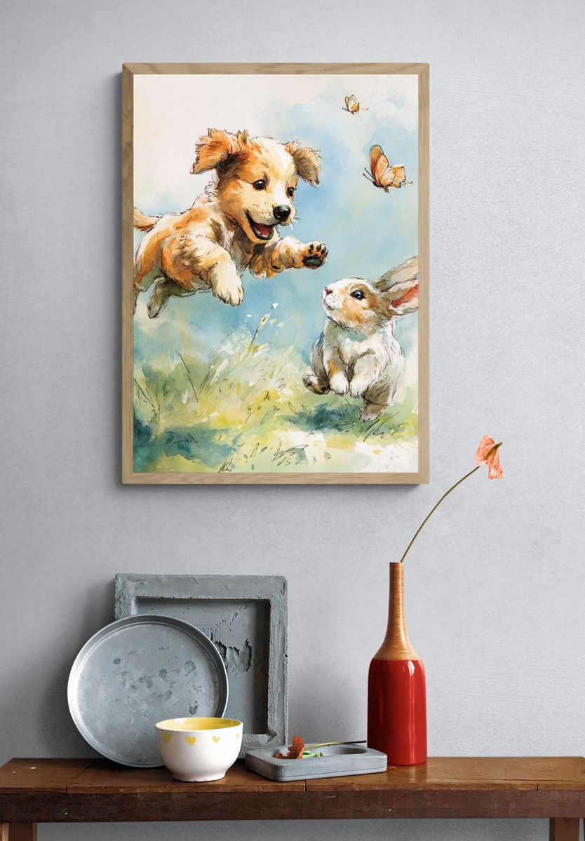 Playful Puppy and Bunny — Illustration Print. — room view 3