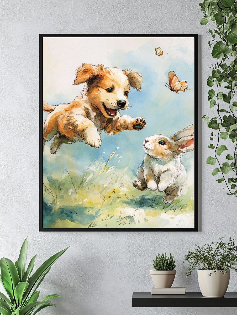 Playful Puppy and Bunny — Illustration Print. — room view 4