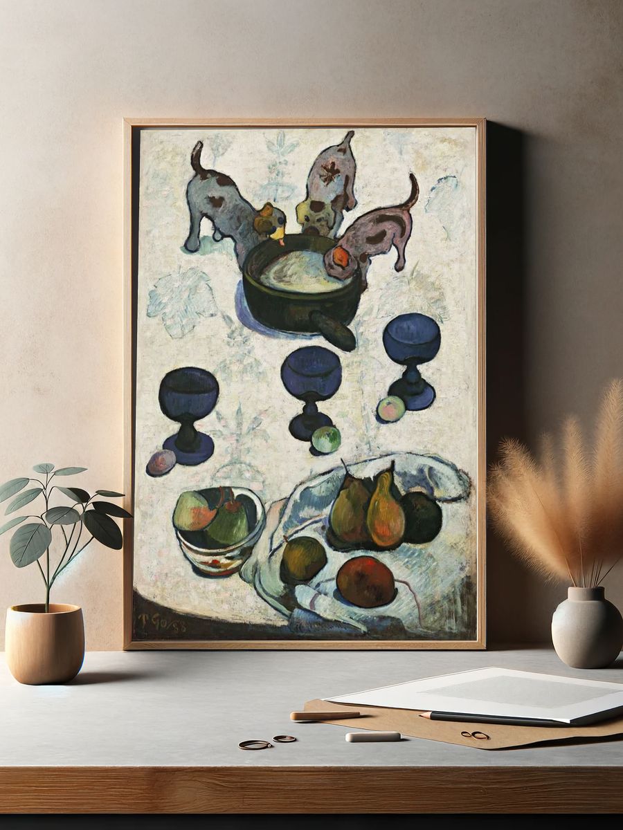 Playful Puppies and Fruit Still Life Poster. — room view 2