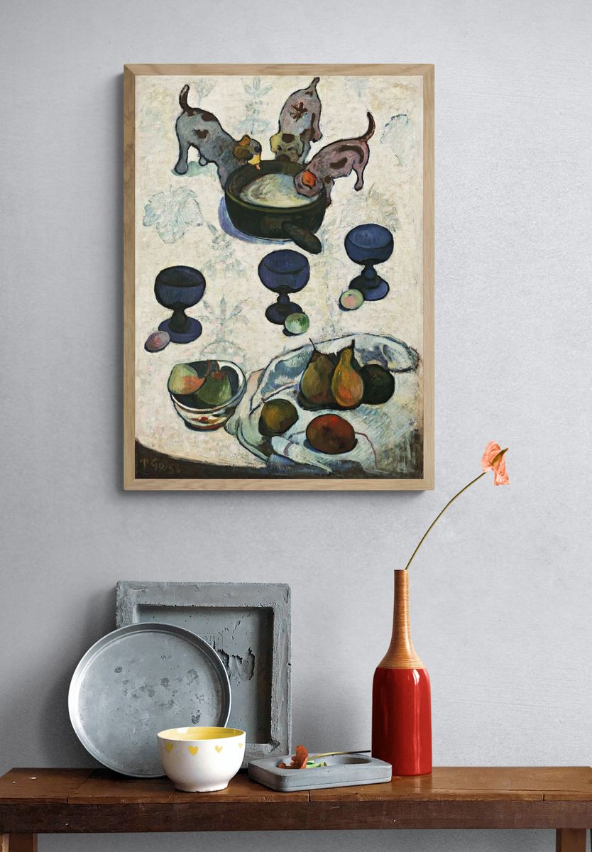 Playful Puppies and Fruit Still Life Poster. — room view 3