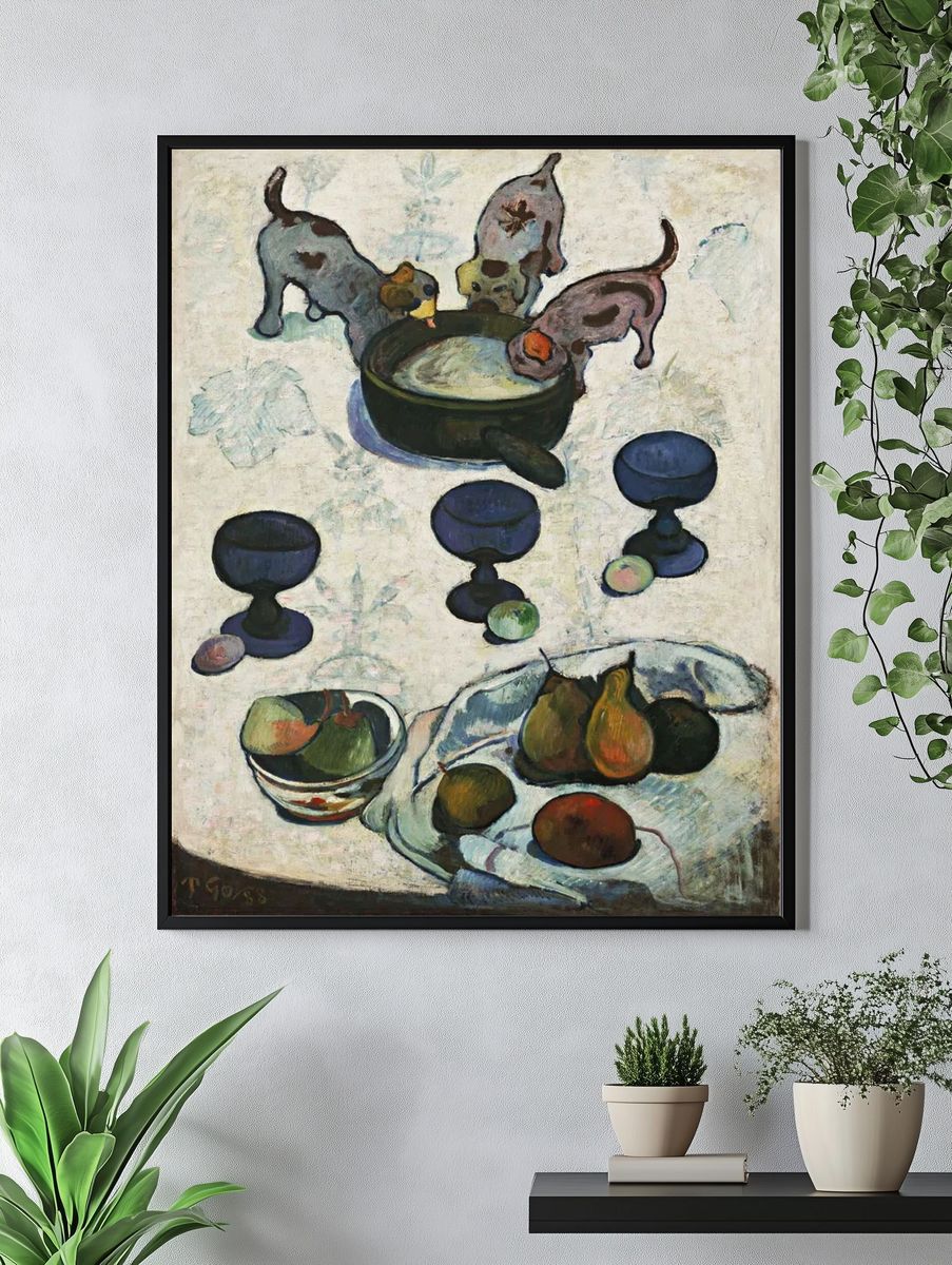 Playful Puppies and Fruit Still Life Poster. — room view 4