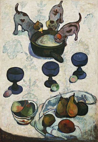 Playful Puppies and Fruit Still Life Poster. poster print