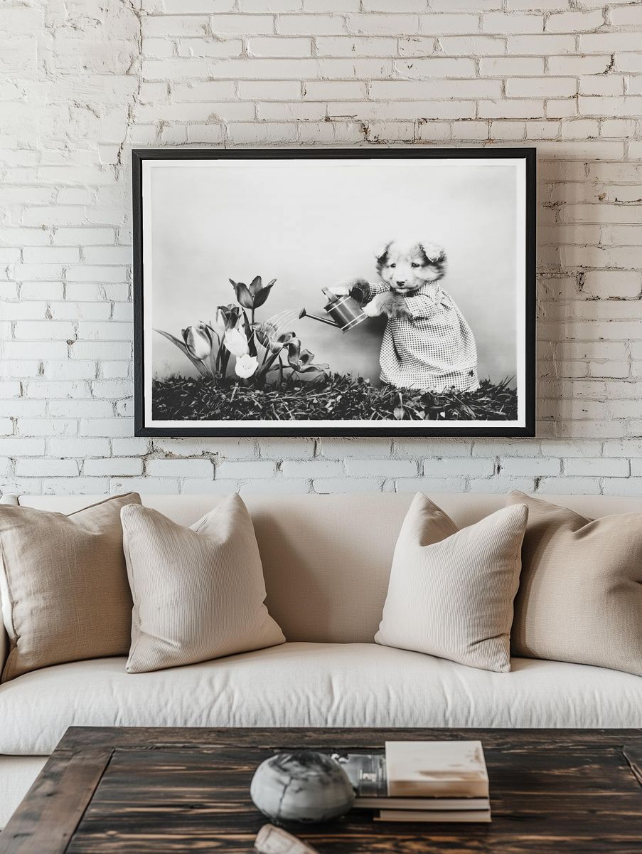 Cute Puppy Watering Flowers — Photography Print. — room view 1