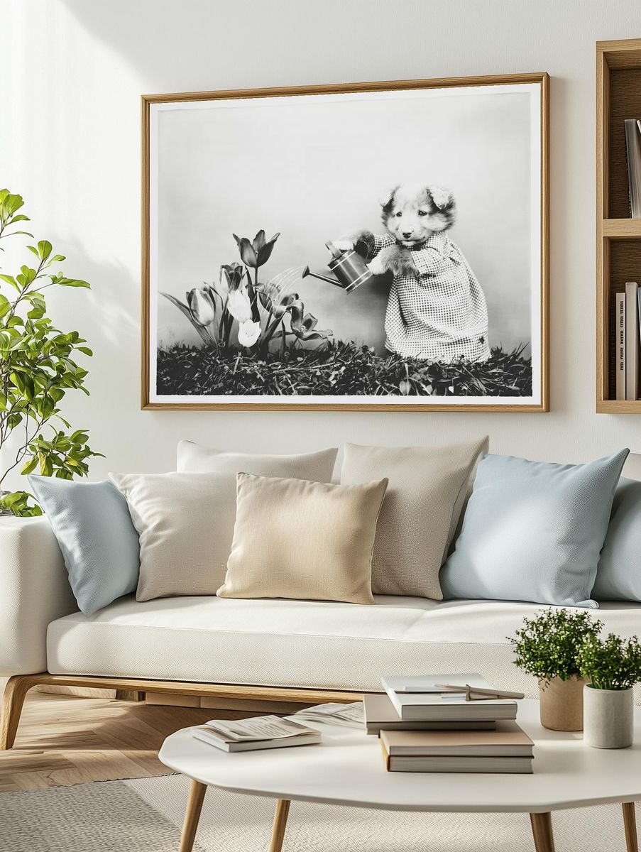 Cute Puppy Watering Flowers — Photography Print. — room view 2