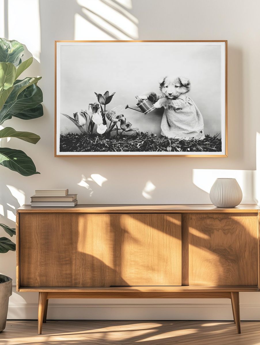 Cute Puppy Watering Flowers — Photography Print. — room view 3