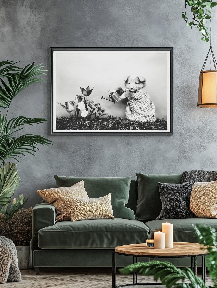 Cute Puppy Watering Flowers — Photography Print. — room view 4