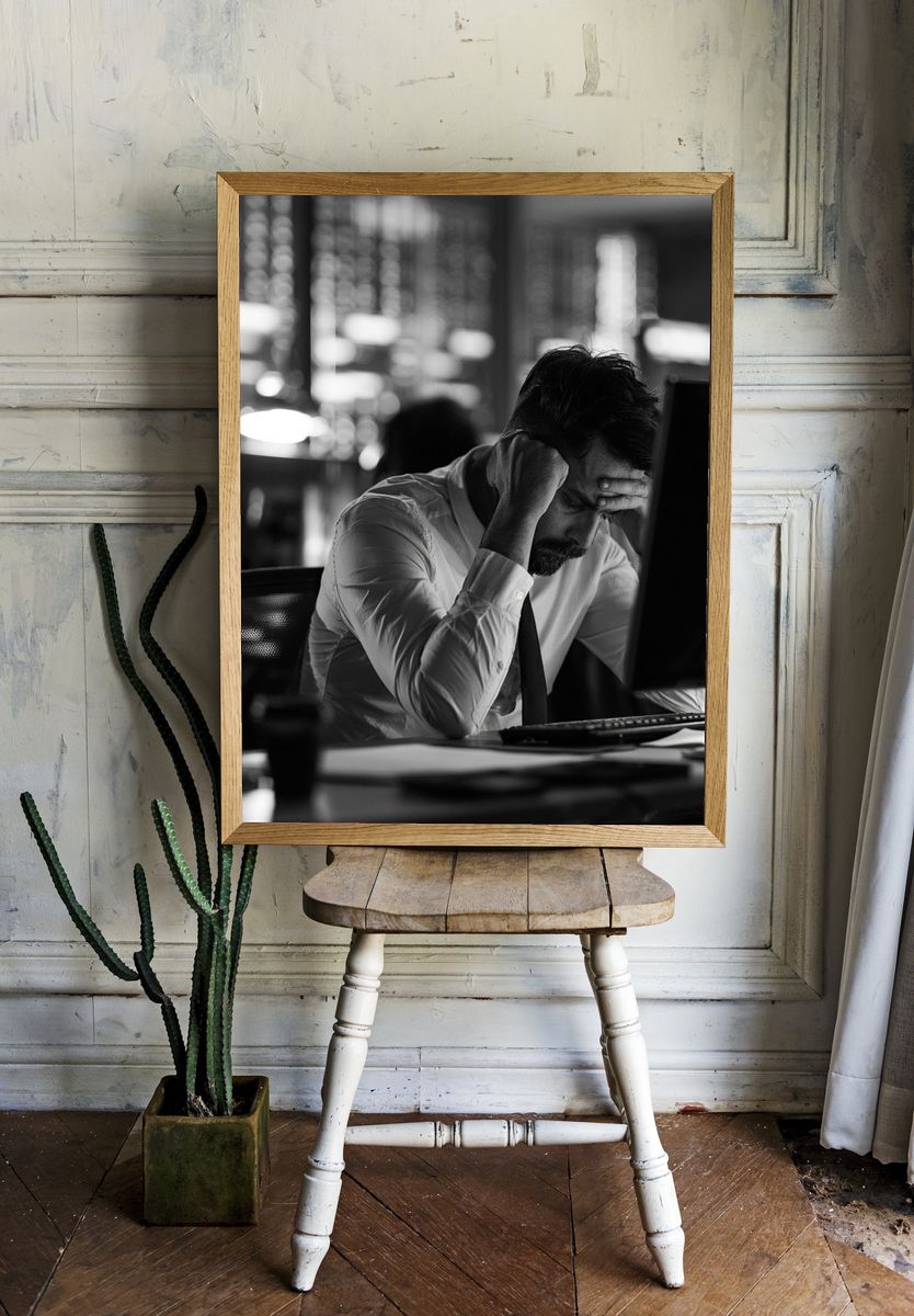 Stressed Office Worker Black-White Poster. room preview