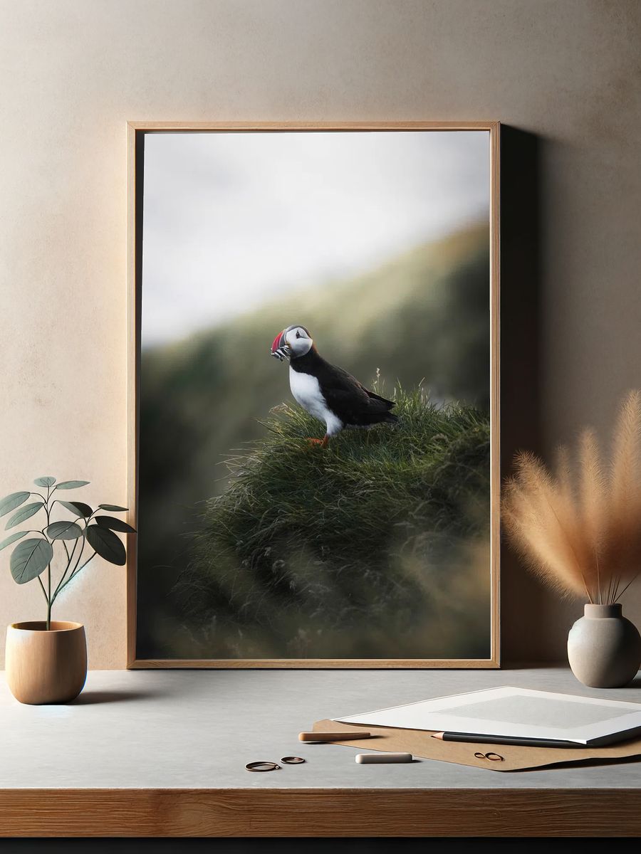 Puffin on Coastal Grass Poster. — room view 2
