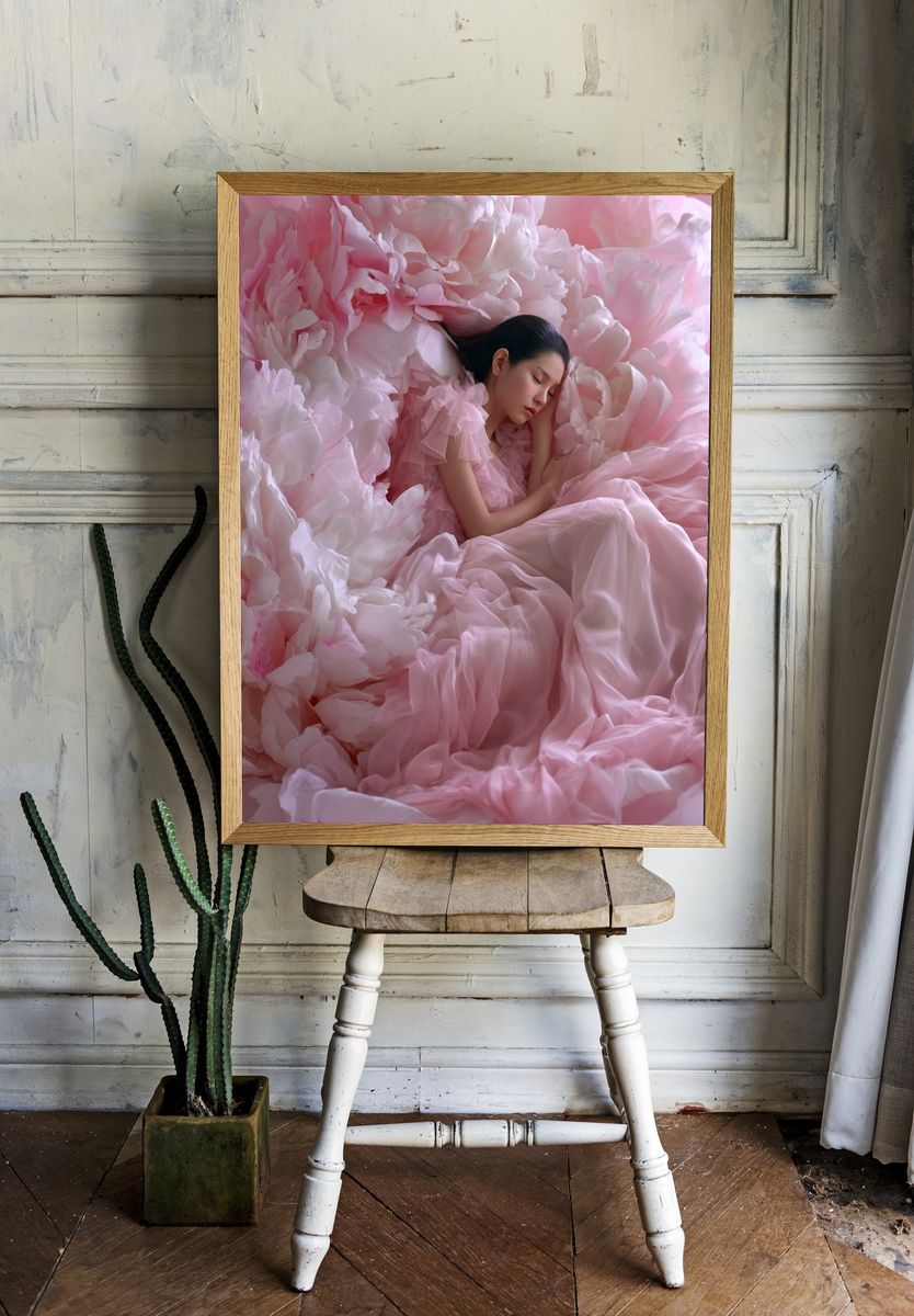 Sleeping Woman in Pink Petals Poster. — room view 1