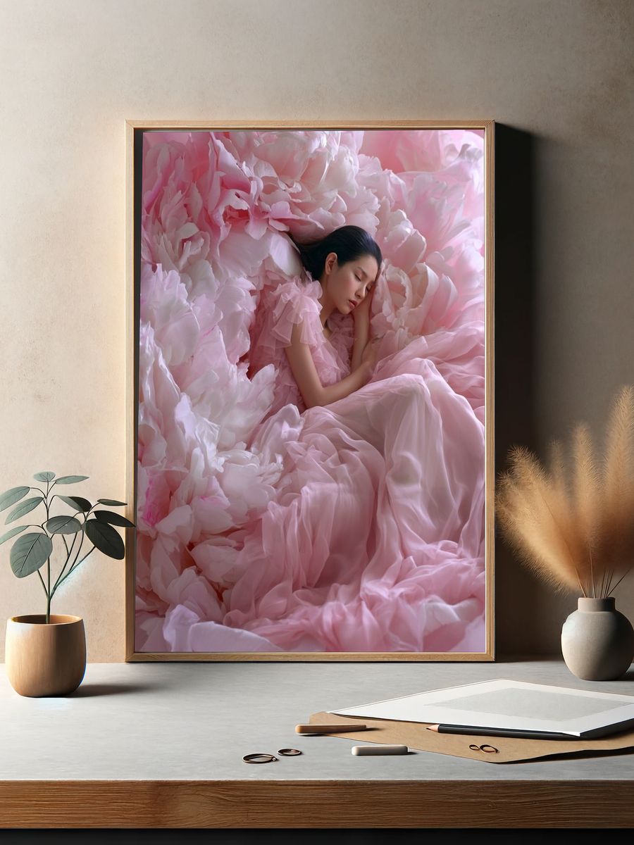 Sleeping Woman in Pink Petals Poster. — room view 2