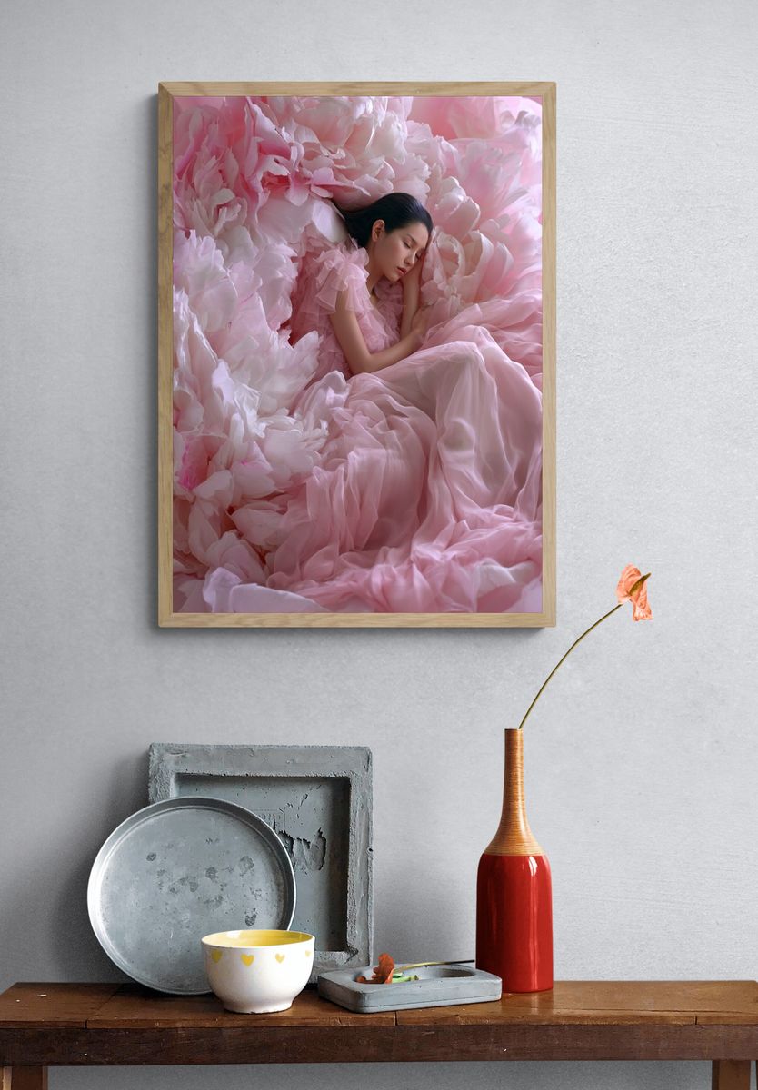 Sleeping Woman in Pink Petals Poster. — room view 3