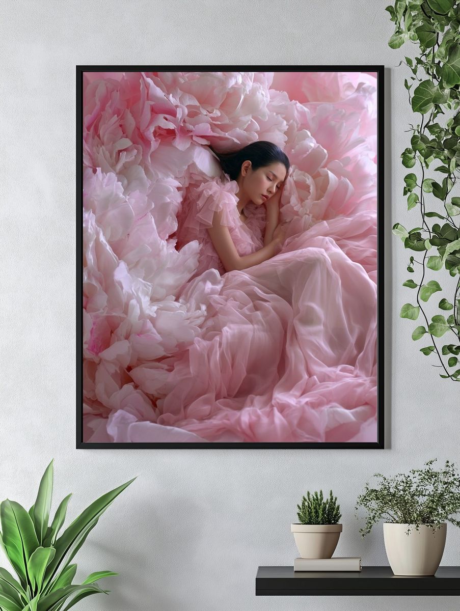 Sleeping Woman in Pink Petals Poster. — room view 4