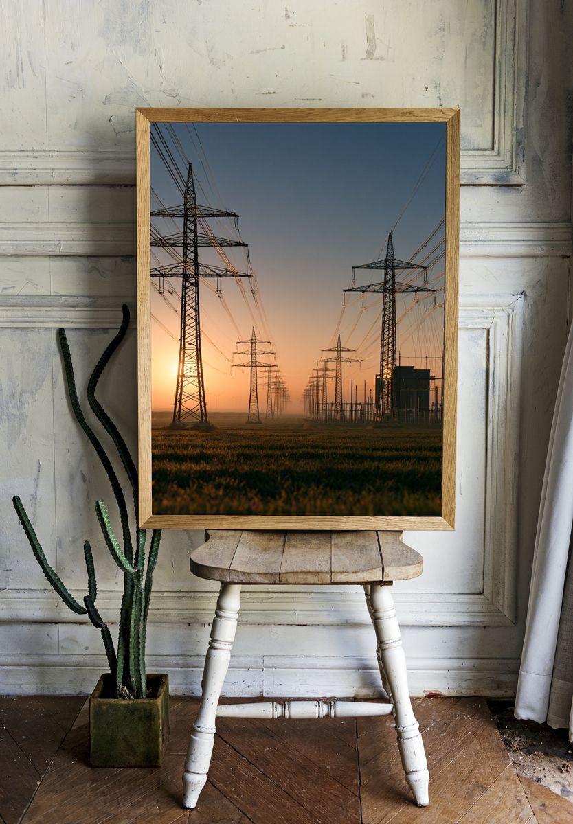 Power Lines at Sunset Photography Poster. room preview