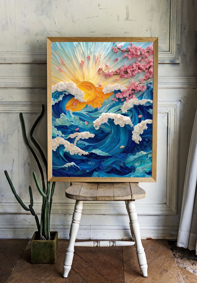 Waves and Cherry Blossoms — Quilling Art Print. — room view 1
