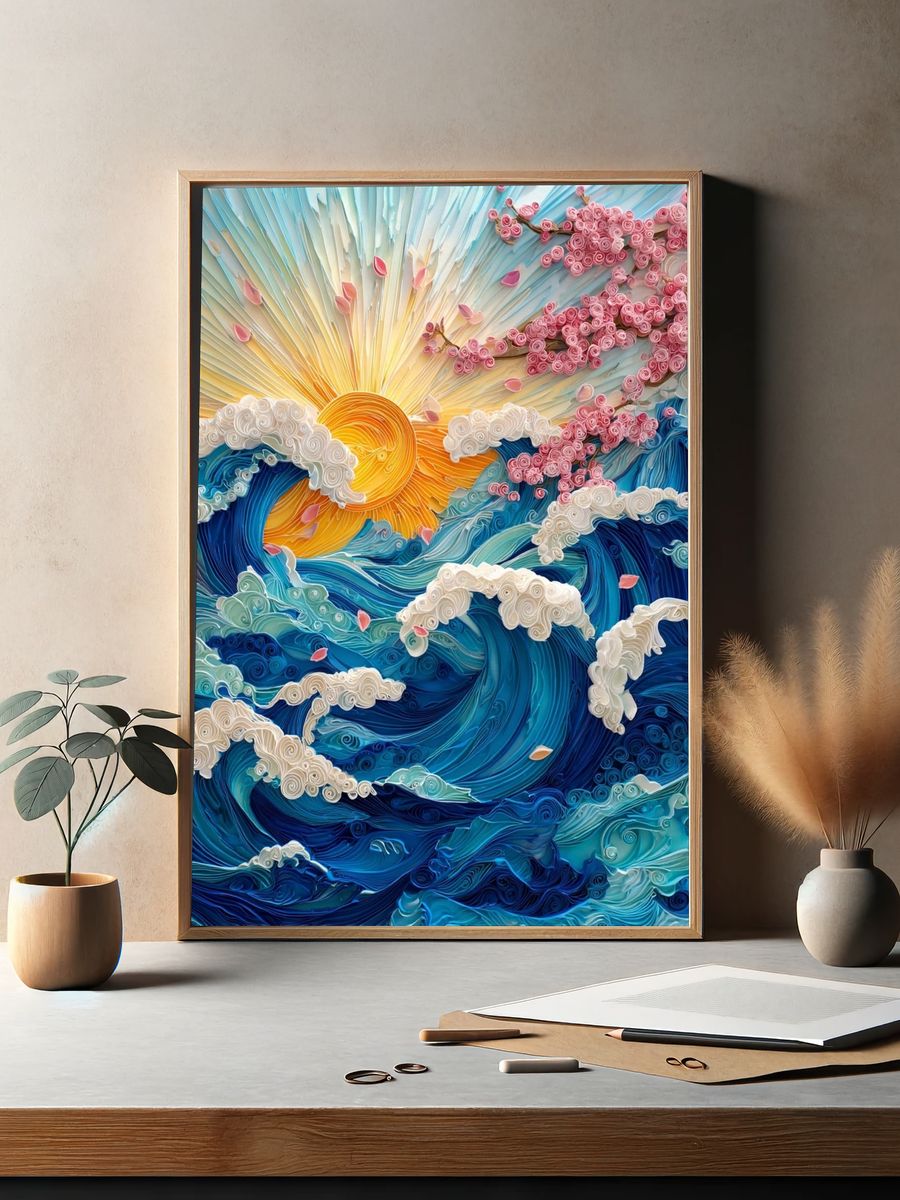 Waves and Cherry Blossoms — Quilling Art Print. — room view 2