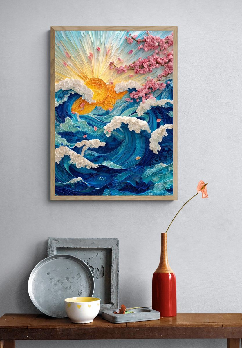 Waves and Cherry Blossoms — Quilling Art Print. — room view 3
