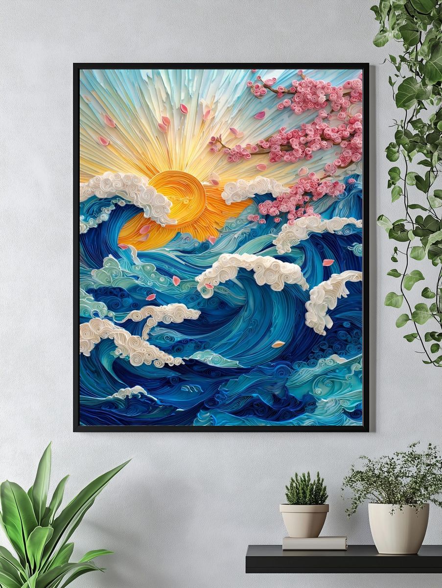 Waves and Cherry Blossoms — Quilling Art Print. — room view 4