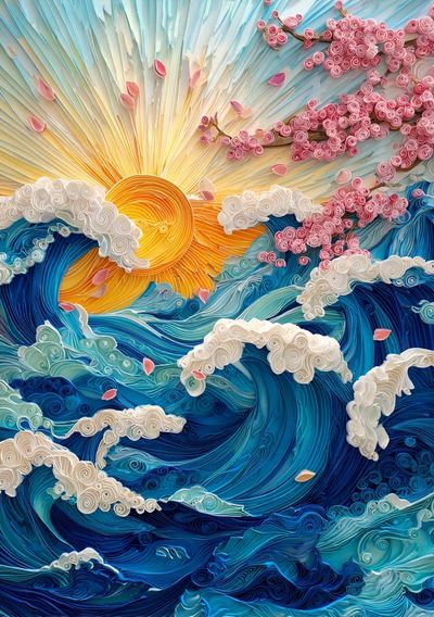 Waves and Cherry Blossoms — Quilling Art Print. poster print