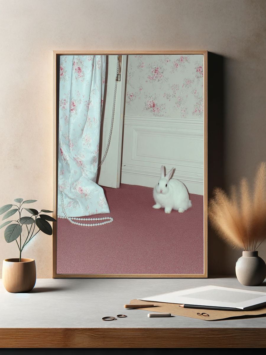 White Rabbit in Vintage Room Poster. — room view 2