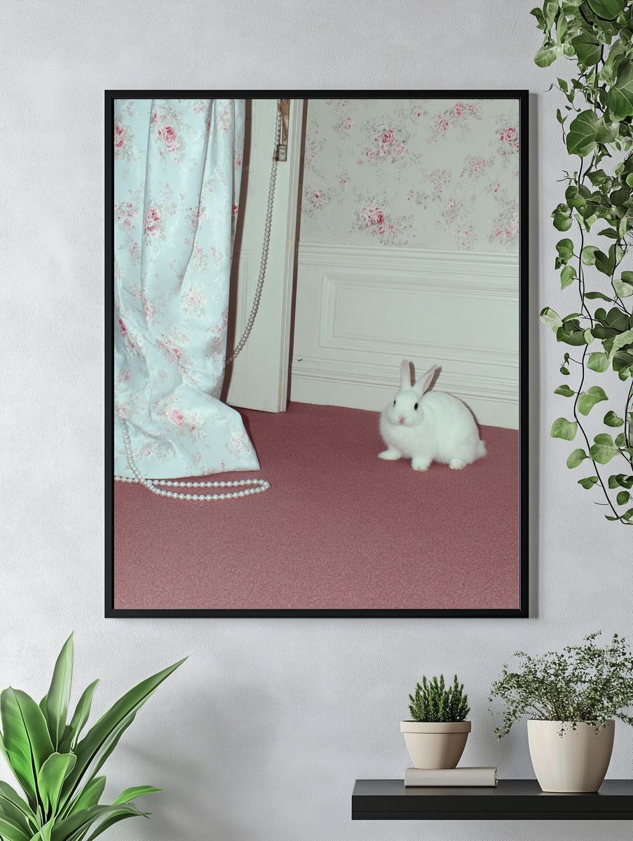 White Rabbit in Vintage Room Poster. — room view 4
