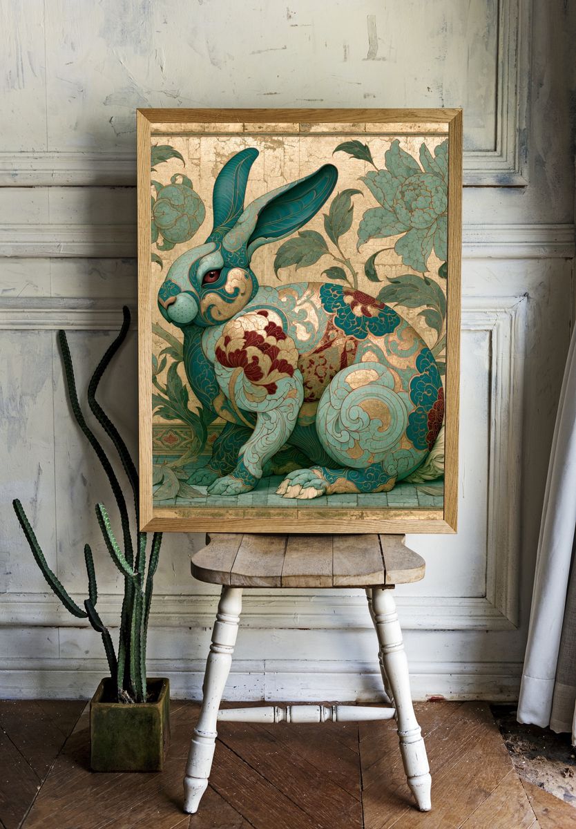 Ornamental Rabbit Botanical Print. room preview
