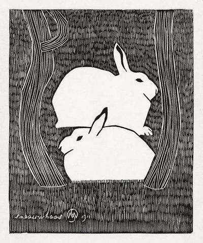 Two snow hares (Twee sneeuwhazen).