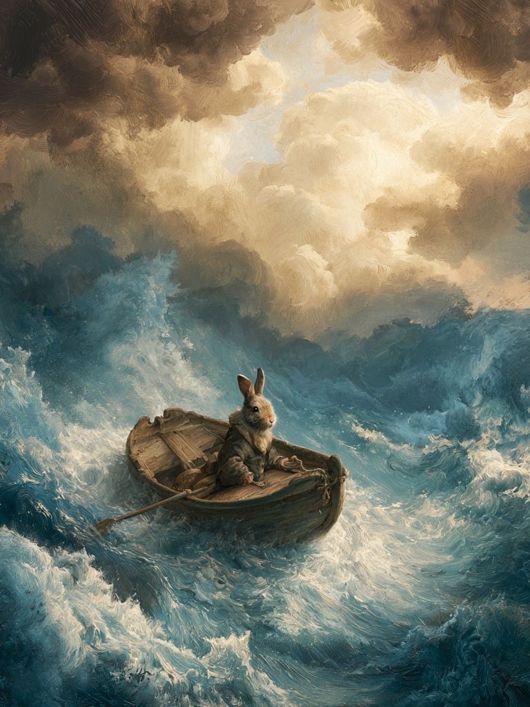 Rabbit in Stormy Sea Illustration Poster. poster detail