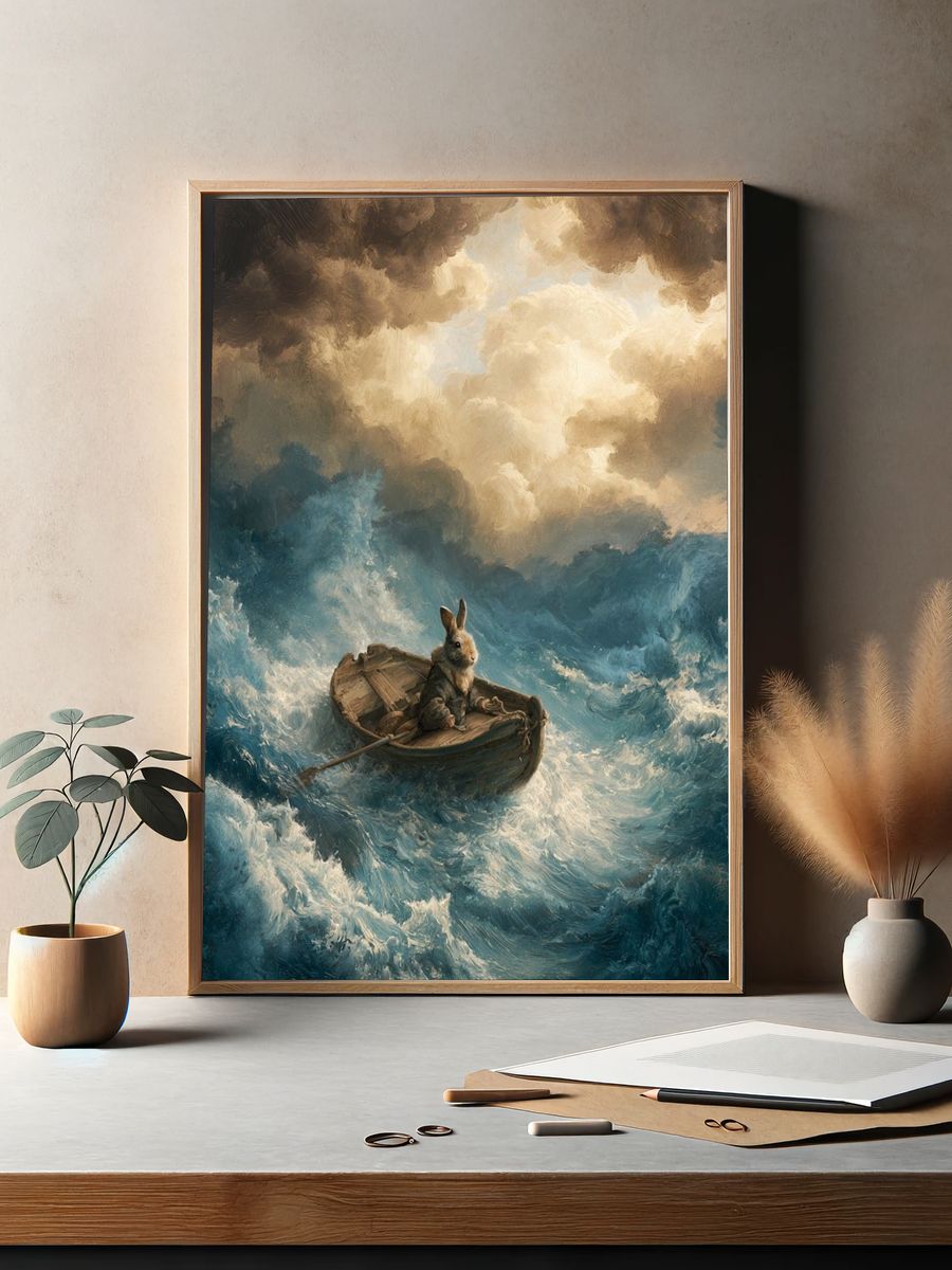 Rabbit in Stormy Sea Illustration Poster. — room view 2